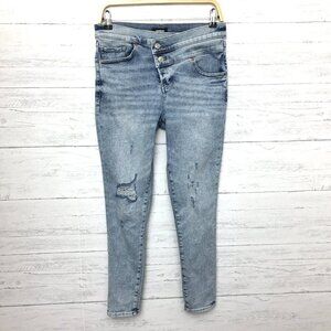 Express Women's Jeans Cropped Skinny High Rise Criss Cross Front Distressed 6